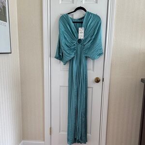 Teal Satin Maxi Jump Suit with Ring Front